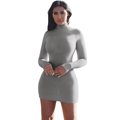 China High Neck Solid Color Sexy dress ladies Tight New Trendy woman's summer dress Collar Solid Color Long Sleeve women Dresses for sale