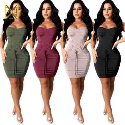 China 2021 Backless Strap Drawstring Solid Color Sexy Suspender Skirt Girls Party Club Fitted Mini Dress slip dress for sale