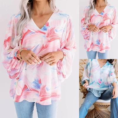 China Summer new style women's long-sleeved V-neck printed chiffon shirt pullover loose top women trendy for sale