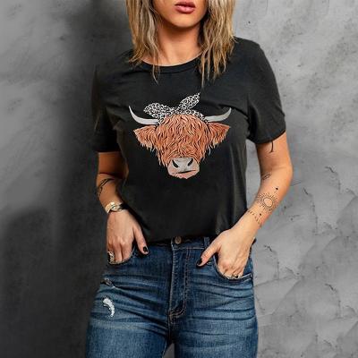 China 2022 Hot Cute Fashion O-neck T-shirt Breathable Leopard Cattle Sale Graphics Western Tees For Women for sale