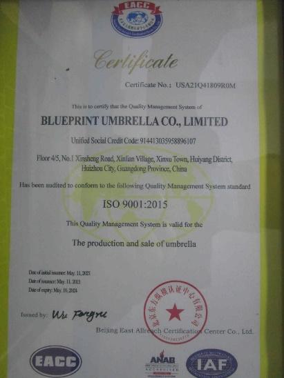 ISO9001 - Huizhou Blueprint Umbrella Co., Limited