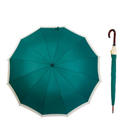 China Wholesale Dark Green 12 Ribs Golf Straight Umbrella With Wooden Curved Handle for sale