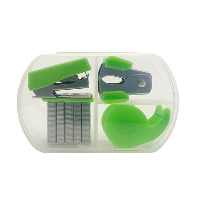 China Customized logo kids student school office travel mini 4 in 1 stapler mini set promotional plastic gift box stationery set WESS204 for sale