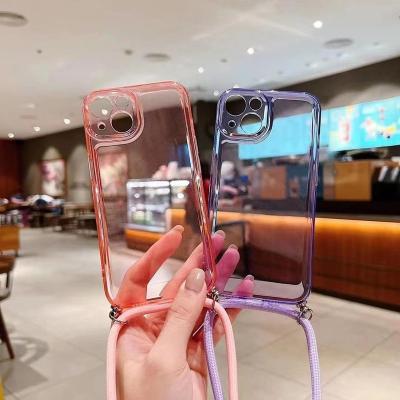 China Candy Color Clear View Lanyard Neck Strap String Cord TPU Shockproof Hanging Phone Case For Iphone 12 pro case 13 14 max for sale