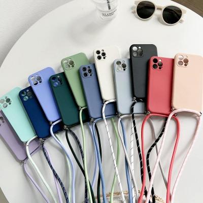 China Soft Liquid Silicone Mobile Phone Case Lanyard Crossbody Cord Rope Full Wrap Camera Cover Candy Color Shockproof Shockproof for sale