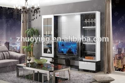 China Eco-friendly TV stand with glass curio cabinet /high gloss decoration TV wall/living room furniture MO107 for sale