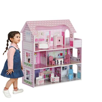 China Wholesale Wooden Dollhouse Dreamy Pink Toys Children's Furniture Little Girls Miniature Wooden Doll Houses for sale