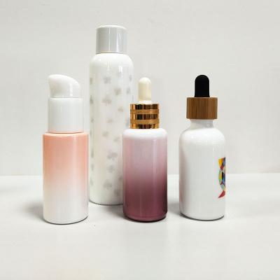 China 100 200ml Wholesale Empty Cosmetic Porcelain Ceramic Bottle White Opal Lotion Glass Bottle With Bamboo Plastic Spray Pump for sale