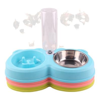 China Stainless Steel Pet Sustainable Drinker Two-in-One Feeder Cartoon Bear Pet Supplies Dog Slow Double Bowl for sale