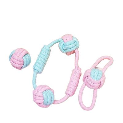 China Color Viable Dog Macaron Ball Toy Dog Bite Cotton Rope Interactive Pet Training Rope Toy for sale