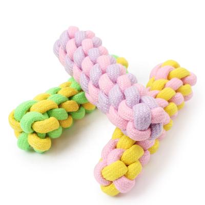 China Viable Pet Toy Candy Color Cotton Rope Two Color Woven Twist Corn Cob Dog Rope Toy for sale