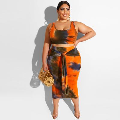 China QUICK DRY summer top tie dye sleeveless plus size women set two piece outfit crop top and skirt set for sale