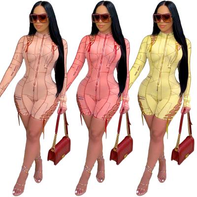 China 2021 Summer Breathable Fashion Fitted Letter Zipper Lace Up Long Sleeve Jumpsuit Rompers Women Streetwear for sale