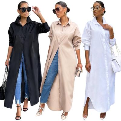 China Newest Design Women Solid Color Women Long Sleeve Loose Shirt Coats Casual Long Dress QUICK DRY for sale