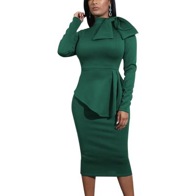 China New Trend Ladies Office Dress Solid Color Buckle Pencil Breathable Skinny Dress With Asymmetric Bow Long Sleeve Career Wear for sale