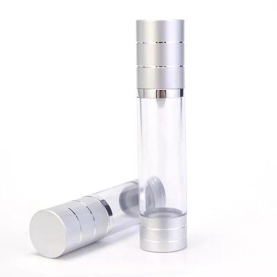 China Matt Silver Chrome 30ml Acrylic Clear Luxury Round Eco-friendly Recyclable Airless Cosmetic Pump Bottle for sale