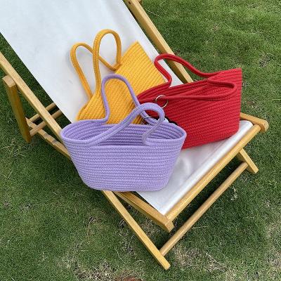 China Fashion New Style Fashion Cotton Tie Knit Tote Bag Summer Solid Color Large Woven Wicker Basket For Kids for sale