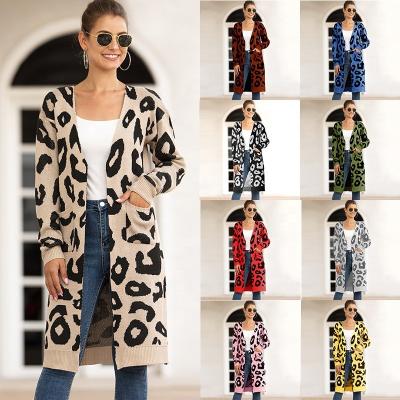 China Wholesale Breathable Women Sheath Long Sweater Coat V-Neck Knitwear Leopard Cardigan for sale