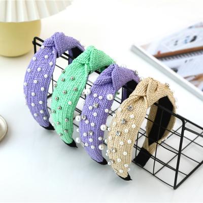 China New Gauze Pearl Hairband Cotton Knot Tie Handmade DALLIS Hair Raffia Knot Headband Gold Beige Black Fashionable Korean Soft Wide Pearl Headbands for sale