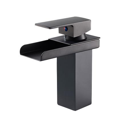 China Metered Faucets Black Bathroom Basin Faucet Single Handle Cold-Hot Water Baisin Taps Waterfall Faucets Bathroom Sink Faucets for sale