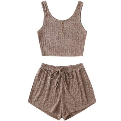 China Anti-pilling Women's Sleeveless 2 Piece Button Crop Tank Tops And Shorts Lounge Set for sale