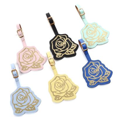 China Eco-firendly Factory Price Rose Shape PU Luggage Tag Travel Airline Suitcase Name Tags for sale