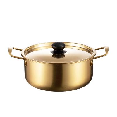 China Stainless Steel Style Noodle Golden Ramen Household Cookware Viable Hot Korean Kitchen Cooking Soup Hot Pot With Metal Lid Double Handle for sale