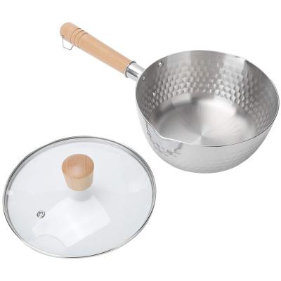 China Hot Sale 2023 Stainless Steel Snow Pan Cooking Pot Sauce Pans Sustainable Hot Milk Boiling Pot With Wooden Handle for sale