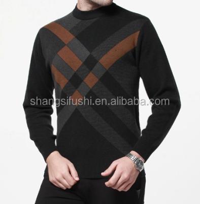 China 100%cashmere custom men's anti-pilling checked pattern long sleeve round neck sweater for sale