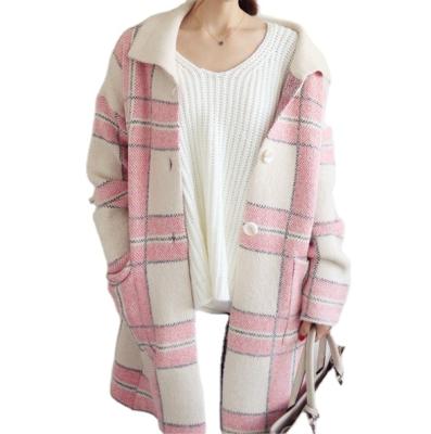 China Anti-pilling ladies fashion Korean style square printed pink lapel long cardigan straight sweater for sale