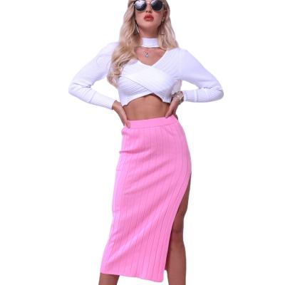 China Anti-Static Women's Basic Plain Ribbed Knit Slit Pencil Bodycon Midi Stretch Skirt for sale