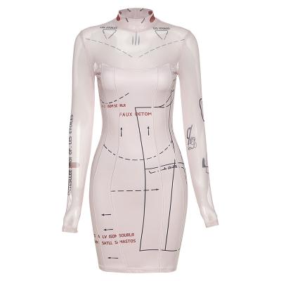 China 2021 New Arrivals Breathable Turtleneck Full Sleeve Slim Women Dress Patchwork Mesh Dress for sale