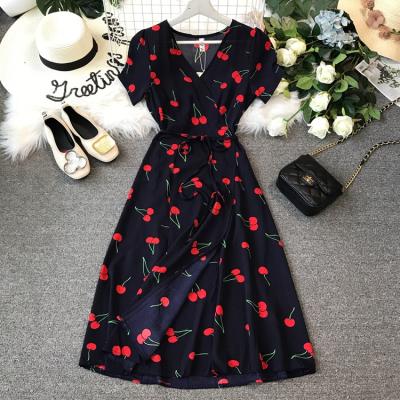 China Summer Cherry Print Chiffon Slim Floral Dress Mid Length Viable One-Piece Wrap Dress for sale