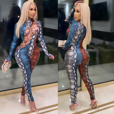 China QUICK DRY Bandage Snake Print Hollow Out Mesh Plaid Jumpsuit Transparent Women for sale