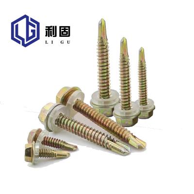 China Self-Drilling Iron Hardening Yellow Galvanized Hexagon Flange Head Self Drilling Screw With Washer for sale