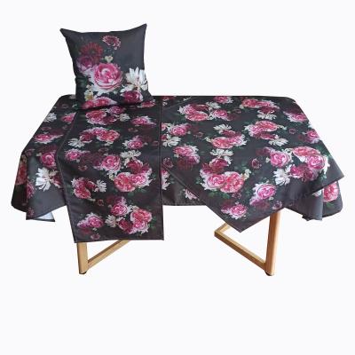 China Waterproof digital printed black background rose waterproof flower plain woven fabric for decoration daily tablecloth for sale