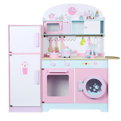 China Hot Sale Eco-friendly Material Mini Pink Cooking Furniture Modern Baby Fridge Wooden Kitchen Toy Set For Kids for sale