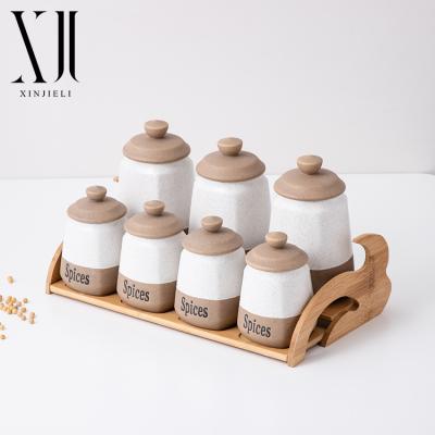 China Wholesale Freshness Preservation Classic Design Ceramic Spice Jar Kitchen Ware Set With Bamboo Rack for sale