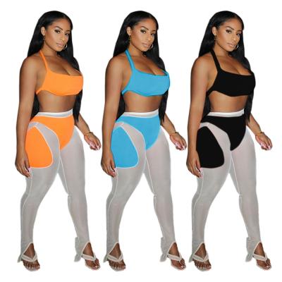 China Shieldrock New Design Breathable Women Summer Casual Halter Tank Tops Contrast Color Mesh See Through Leggings 2 Piece Set for sale