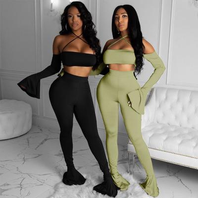 China Shieldrock QUICK DRY 2021 New Style Women One Shoulder Two Piece Set Crop Top Spats Flare Sleeve Set New Women's Two Piece Set for sale