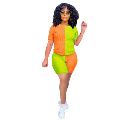 China 2021 new arrival patchwork jacquard jacquard summer dress sets QUICK DRY women short two piece set neon for sale