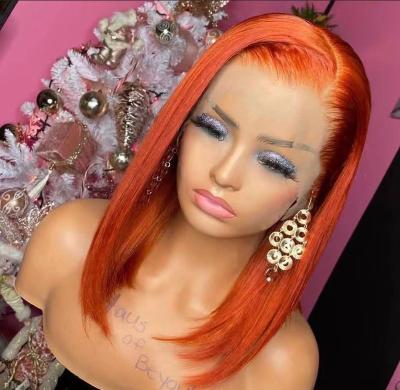 China 13x4 Straight Lace Up Ginger Short Bob Human Hair Frontal Wigs For Women Pre Plucked Lace Frontal Wig Orange for sale