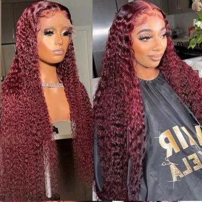 China Deep Wave 13x4 99J Burgundy Deep Wave Curly Wig Virgin Human Hair Pre Plucked Lace Front Wig for sale