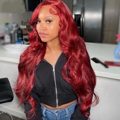 China Body Wave 13x4 Lace Front Human Hair Preplucked Brazilian Straight Wigs Transparent Red Burgundy Wig 99J Long for sale