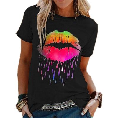 China Wholesale QUICK DRY QUICK DRY Plus Size Sexy Rainbow Lips Print Women T-shirt Female Casual Short Sleeve V-Neck T-shirt Summer Round Blouse for sale