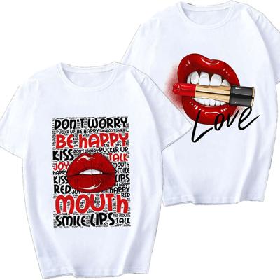 China Fashion Lip Gloss QUICK DRY QUICK DRY Printed T Shirt Round Neck Sleeve Lipstick Oversized White Modal Cropped Tee For Women for sale