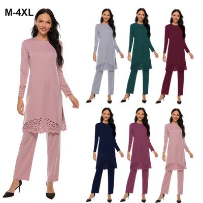 China Wholesale Plus Size Plain Cut Long Sleeve Shirt Pants Casual Women Muslim Suit Islamic Clothing Dubai Abaya Set 21230 21230 Two Piece for sale