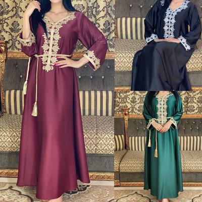 China New Design Lace Border Women Long Maxi Muslim Dress AB029 Silky Islamic Clothing AB029 Jalabiya Dubai Abaya Turkish Luxury Gold Black for sale