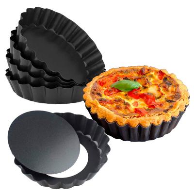 China 4inch High Carbon Steel Nonstick Tart Quiche Flan Pan Molds Pie Pizza Cake Around Pie Heavy Duty Fluted Bottom Loose Dismountable Pan Mold Bakeware for sale