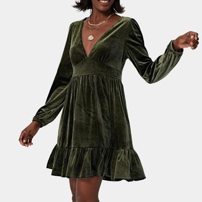 China Sustainable Customization Long Sleeve And V-Neck Dress Ruffled Edge Velvet Chiffon Midi Dresses For Woman for sale